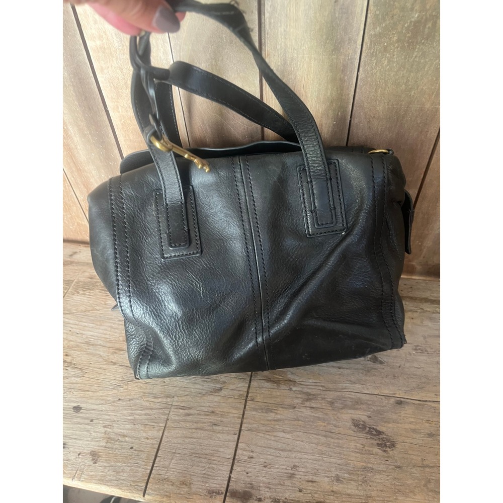 Fossil Black Leather Satchel Handbag Brass Key Charm Issue No 1954 Tote